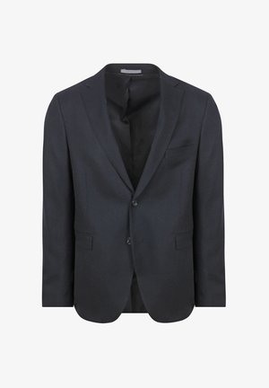 Dark blue blazer made of textured fabric, single-breasted with two buttons, notched lapels, and a chest pocket, unlined interior.