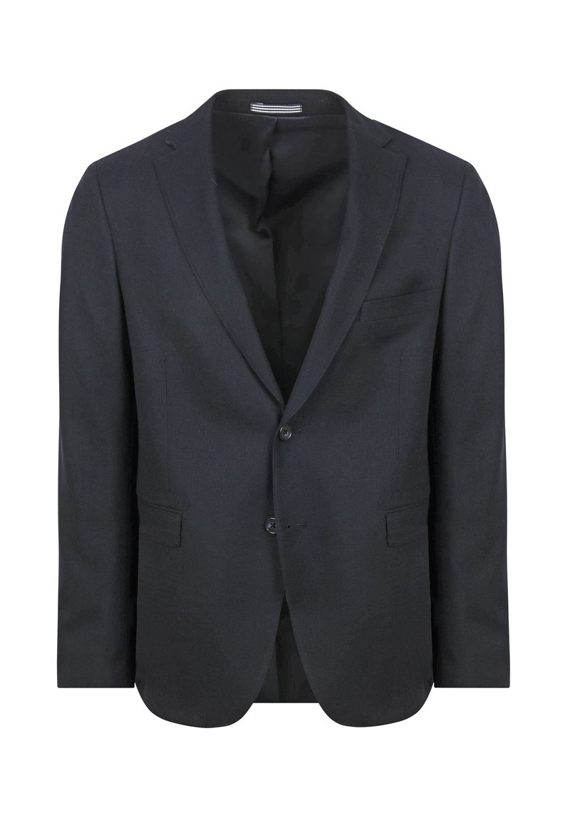 Donkerblauwe blazer van gestructureerde stof, enkelvoudig met twee knopen, met revers en een borstzak, niet gevoerd aan de binnenzijde.