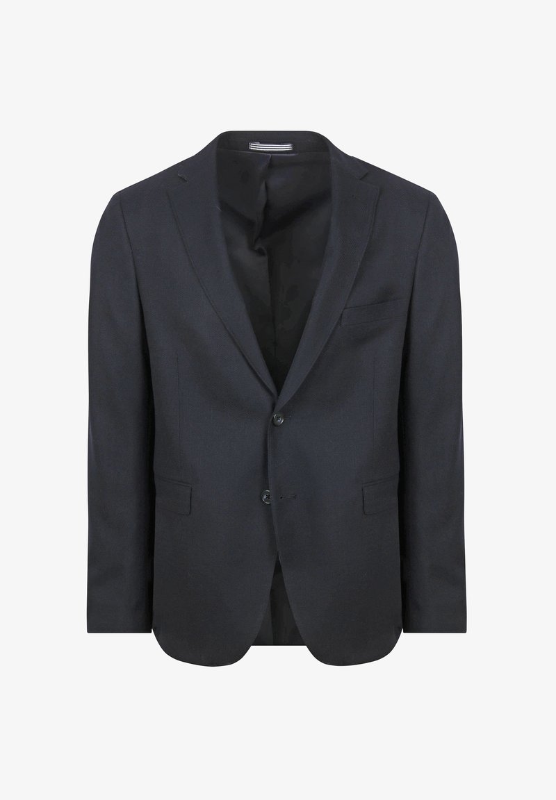 Dunkelblazer aus texturiertem Stoff, einreihig mit zwei Knöpfen, mit aufgesetztem Revers und einer Brusttasche, ungefüttertes Innenfutter.