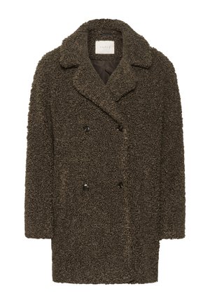 Cappotto doppiopetto marrone realizzato in materiale testurizzato e morbido. Presenta un colletto a revers, due bottoni neri e una vestibilità ampia.