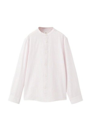 Chemise blanche à manches longues avec une texture verticale subtile et un col mandarin arrondi, posée à plat sur un fond blanc.