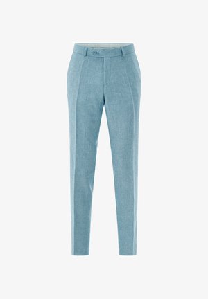 Hellblaue, maßgeschneiderte Hose mit Gürtelschlaufen, vorderem Knopfverschluss und dezenten Bügelfalten entlang jedes Beins.