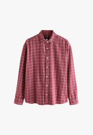 Red flannel shirt with a checked pattern, long sleeves, button-down front, and classic collar. Soft texture with white and black accents.