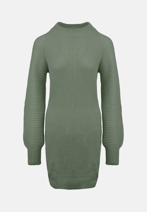 Olive roheline kudumkleit, millel on soonikuga tekstuur, kõrge kaelus ja pikad, veidi puhvitud varrukad. Keskmise reie pikkus.