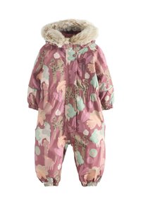Rosa Winter-Overall mit Kapuze, gefüttert mit Kunstpelz, mit tierischen und Wolkenmustern in Pastellfarben, elastischen Bündchen und einem Frontreißverschluss mit Druckknöpfen.