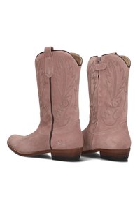Pink suede cowboy boots with embroidered leaf patterns, side zippers, a pointed toe, and a short stacked heel.