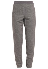 Pantaloni grigi a sigaretta con un tessuto dalla trama strutturata, caratterizzati da una cintura a coste. Non ci sono tasche visibili nella vista frontale.