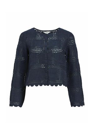 Marinblå forkortet cardigan med et blonderstrikket mønster, knappelukning og bølget kant. Lange ærmer og åbent vævdesign for åndbarhed.