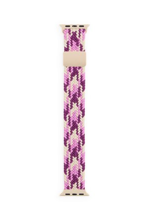 Correa de reloj de tejido trenzado en tonos rosas, púrpuras y beige con conectores beige y cierre ajustable.
