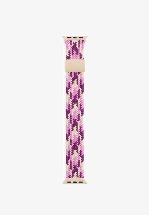 Correa de reloj de tejido trenzado en tonos rosas, púrpuras y beige con conectores beige y cierre ajustable.