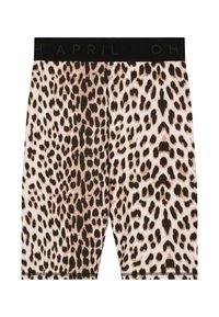 Boxers en imprimé léopard avec une taille élastique noire portant le texte "APRIL OH". Fabriqués en tissu lisse avec un design ajusté.