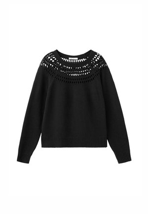 Schwarzer Langarmpullover mit rundem Ausschnitt und dekorativem offenem Strickmuster über Brust und Schultern.