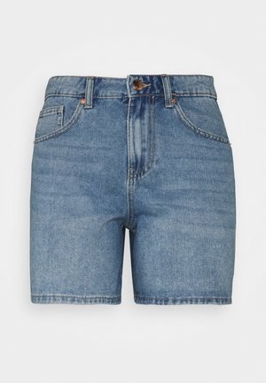 Blå denim hoftehøje shorts med frontknap, lynlåslukning, bæltestropper og fem-lomme design.