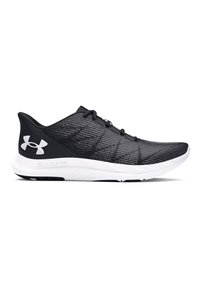 Scarpa atletica nera con una tomaia texture, design senza cuciture e suola bianca. Presenta un logo sul tallone e lacci nella parte anteriore.