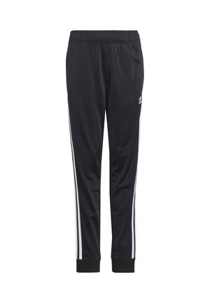 Zwarte Adidas trainingsbroek met elastische tailleband, geribde boorden en witte zijstrepen. Adidas-logo op het bovenste gedeelte van het linkerbeen.