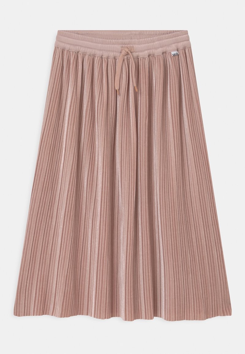Falda midi plisada de suave tela rosa con cinturilla elástica y cordón ajustable. La textura presenta líneas verticales sutiles y un caído ligero.