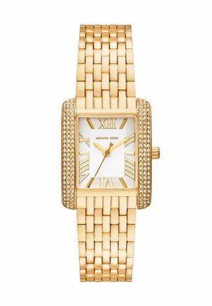 Gold rectangular watch with Roman numerals, crystal accents on bezel, linked bracelet, and three gold hands showing 10:10:36.