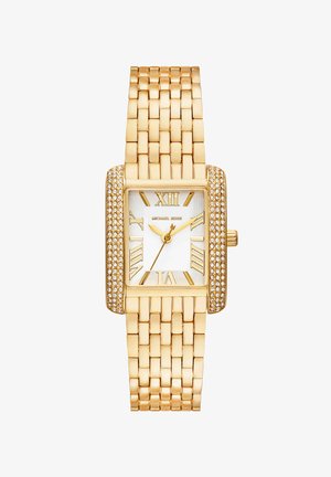 Goldene rechteckige Uhr mit römischen Ziffern, Kristallakzenten auf der Lünette, Gliederarmband und drei goldenen Zeigern, die 10:10:36 anzeigen.