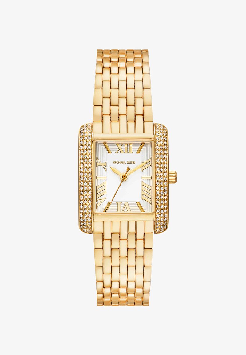 Gold rectangular watch with Roman numerals, crystal accents on bezel, linked bracelet, and three gold hands showing 10:10:36.