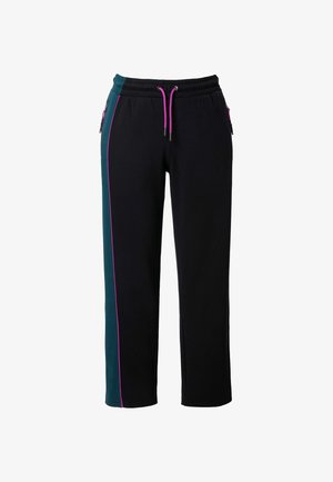 Pantaloni della tuta neri con pannelli laterali verdi acqua, coulisse viola e profili viola, con tasche con cerniera su entrambi i lati.