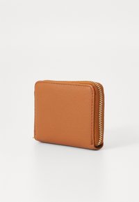 Brown leather wallet with a textured surface, rectangular shape, and gold zipper detail along the edge.