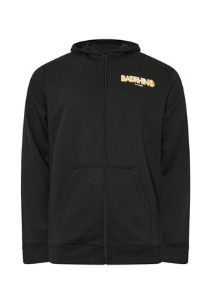 Sweat à capuche noir zippé avec poches avant, arborant un logo jaune "BADRHINO worldwide" sur la poitrine gauche et une capuche avec cordons.