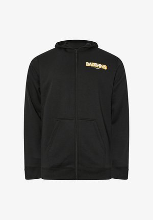 Schwarzer Zip-Hoodie mit Fronttaschen, einem gelben "BADRHINO worldwide"-Logo auf der linken Brust und einer Kapuze mit Kordelzug.