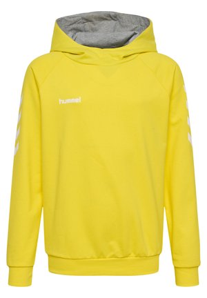 Geel hoodie met een grijze binnenvoering. Heeft een wit logo en een chevronpatroon langs de mouwen. Gemaakt van zacht katoen.
