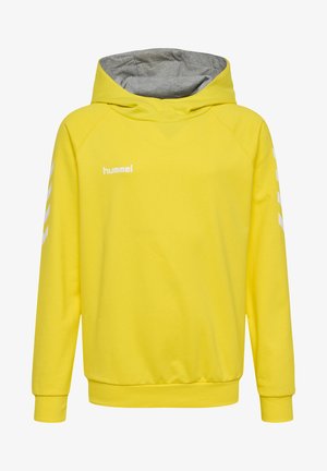 Gelber Kapuzenpullover mit grauem Innenfutter. Verfügt über ein weißes Logo und ein Chevron-Muster entlang der Ärmel. Aus weichem Baumwollmaterial.
