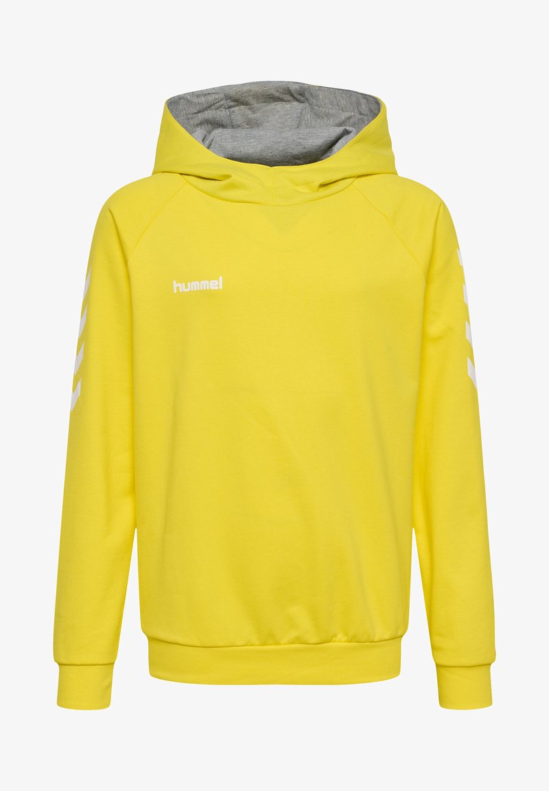 Gul huvtröja med grå innervik. Har vit logotyp och chevronmönster längs ärmarna. Mjuk bomullsmaterial.