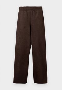 Pantaloni largi, de culoare brown, dintr-un material moale, asemănător cu piela supla, cu talie elastică și fără buzunare. Design simplu, textură netedă.