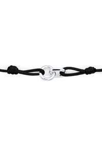 Βραχιόλι με μαύρο κορδόνι και ασημένιους διακοσμητικούς κρίκους ενωμένους, σε σχήμα κύκλου και οβάλ, ως κεντρικά στοιχεία.