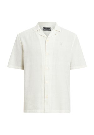 Kortærmet, lys cremet skjorte lavet af struktureret stof med en klippet krave og frontknaplukning. Har subtil logo-broderi.