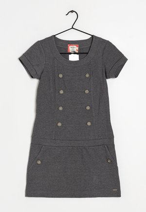 Dark gray short-sleeve dress with six front buttons in three rows, two side-buttoned pockets, and a round neckline on a black hanger.