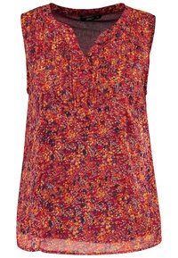 Top senza maniche con un motivo floreale rosso, dettagli gialli e blu, scollo a V e arricciature testurizzate sul petto.