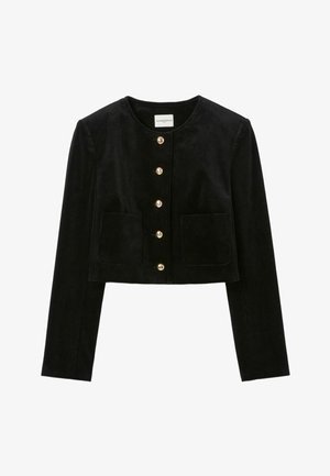 Chaqueta de pana negra con mangas largas, escote redondo, botones dorados y dos bolsillos frontales. Diseño corto con textura acanalada vertical.