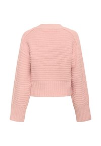 Zkrácený, texturovaný svetr v jemně růžové barvě má žebrované detaily a dlouhé rukávy s vertikálními pruhy, vyrobený z příjemného pleteného materiálu.