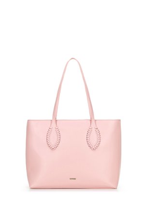 Pink leather tote bag with two braided accents on the handles. Smooth texture and rectangular shape, featuring a small brand logo in gold.