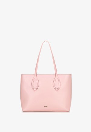 Roze leren schoudertas met twee gevlochten accenten op de handvatten. Glad oppervlak en rechthoekige vorm, met een klein merklogo in goud.