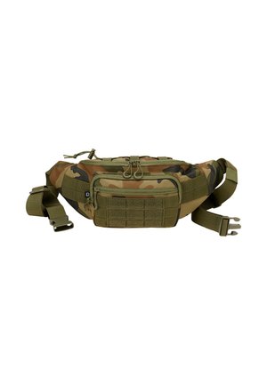 Camouflage fanny pack in green and brown tones, featuring a front zip compartment, adjustable strap, and webbing for attachments.