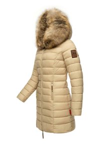 Beige puffer coat with a faux fur hood, quilted texture, zippered pockets, and a leather accent on the arm. Adjustable drawstring at the waist.