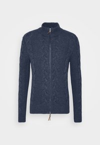 Mörkblå kabelstickad ylletröja med full framdragkedja och hög krage, med ribbade muddar och nederdel.