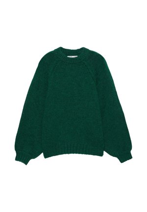 Zeleni pleteni pulover s okruglim izrezom, raglan rukavima i rebrastim manžetama i rubom. Mekana tekstura s ugodnim izgledom.