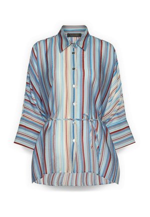 Blouse met knopen met verticale blauwe, rode en witte strepen, 3/4-mouwen, verstelbare tailleband en afgeronde zoom.