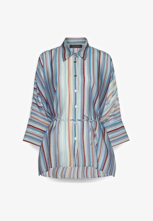 Blouse met knopen met verticale blauwe, rode en witte strepen, 3/4-mouwen, verstelbare tailleband en afgeronde zoom.