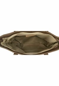 Bruine leren handtas met een ruime, lichtgekleurde stoffen interieur. Beschikt over een bovenrits en geen zichtbare extra vakken.
