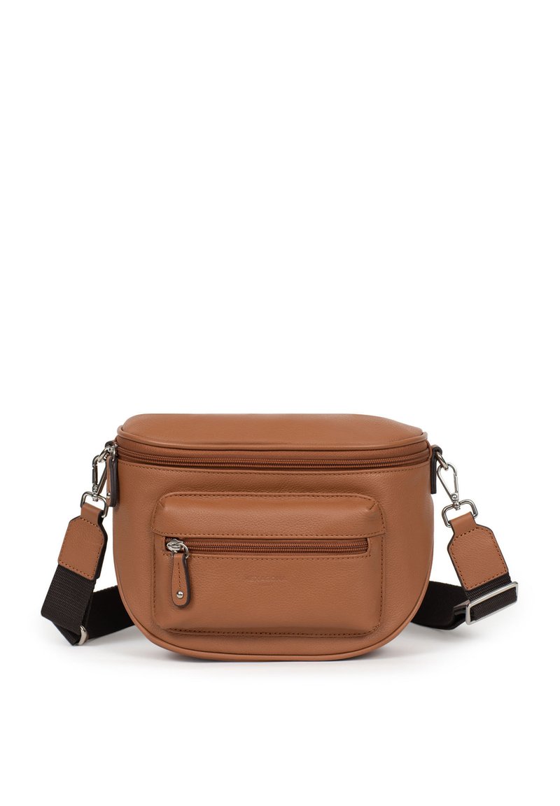 Borsa a tracolla in pelle marrone con forma arrotondata, chiusura con zip e tasca frontale. Presenta una tracolla robusta e dettagli in metallo argentato.