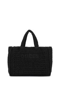 Sac fourre-tout noir en crochet avec une finition texturée, doté de doubles poignées et d'un logo en relief subtil sur le devant. Forme rectangulaire compacte.
