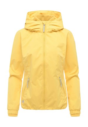 Veste jaune à capuche avec fermeture éclair frontale, deux poches latérales zippées et poignets élastiques, présentée sur fond blanc.