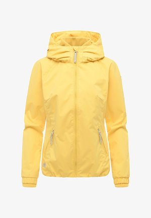 Keltainen hupullinen takki, jossa etuosassa vetoketju, kaksi vetoketjullista sivutaskua ja joustavat hihansuut, valkoista taustaa vasten esillä.